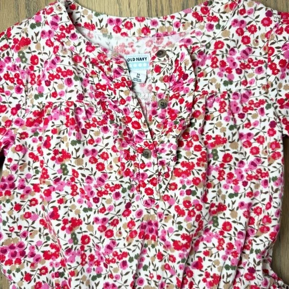 Old Navy Girls Corduroy Floral Red, Pink and White Dress with Ruffled Chest 5T - Picture 2 of 8